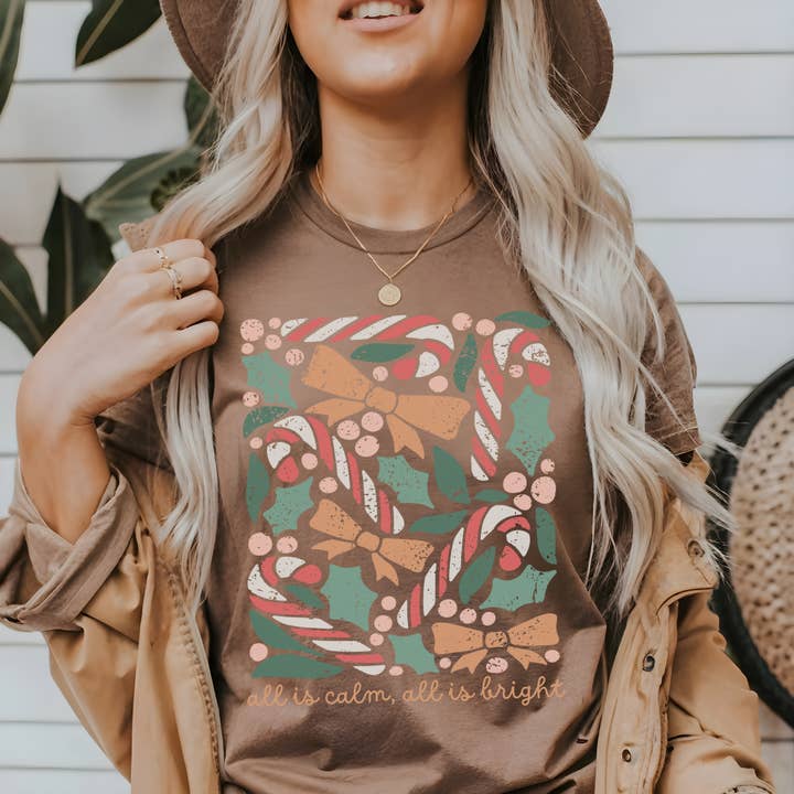 Scripted Pearl - Wholesale Screen Printed T-Shirt - Women's - All Is Calm All Is Bright Comfort Colors Christmas T Shirt8