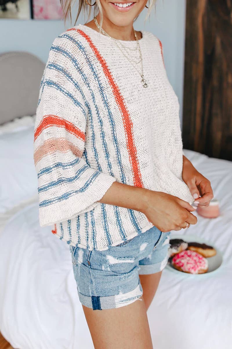 WHITE STRIPED COMFORT FLORAL BEACH PULLOVER SWEATER for wholesale on Faire1