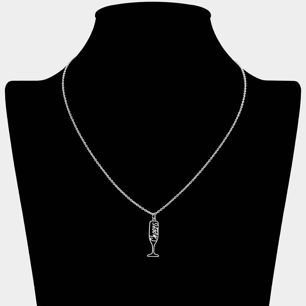 Sensibling Corp. - Wholesale Pendant/Charm Necklace - Cheers Message Wine Glass Brass Metal Pendant Necklace3