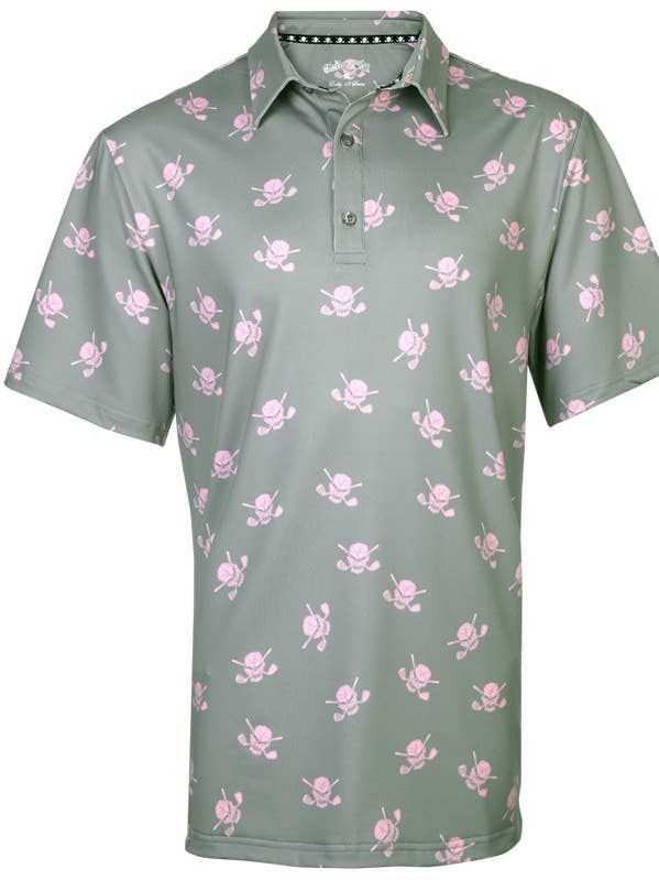 Dancing Skulls Cool-Stretch golftröja för män (grå/rosa) för wholesale av Tattoo Golf Clothing