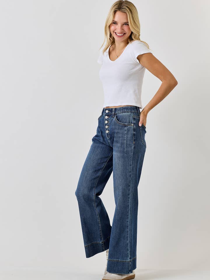 P8151D-PANTALÓN ACAMPANADO DE TIRO ALTO CON BOTONES para venta al por mayor de SAIGE DENIM