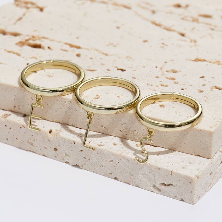 gold mini letter dangle initial ring package for wholesale by Cool and Interesting
