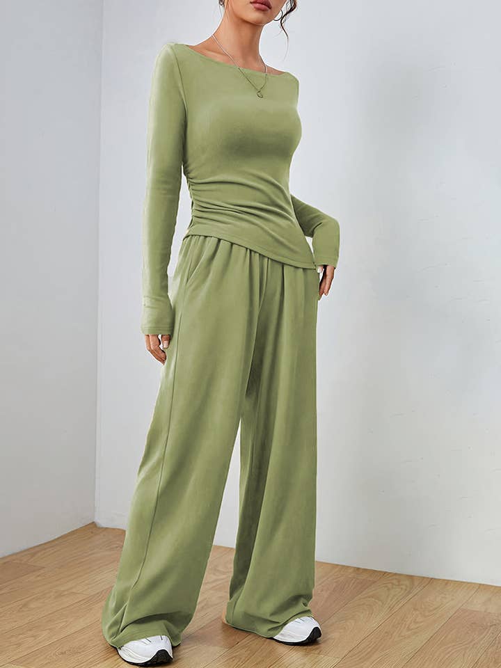 safistyle - Wholesale Lounge Set - Women's - Fitted Long-Sleeve Top and Wide-Leg Pants Set5