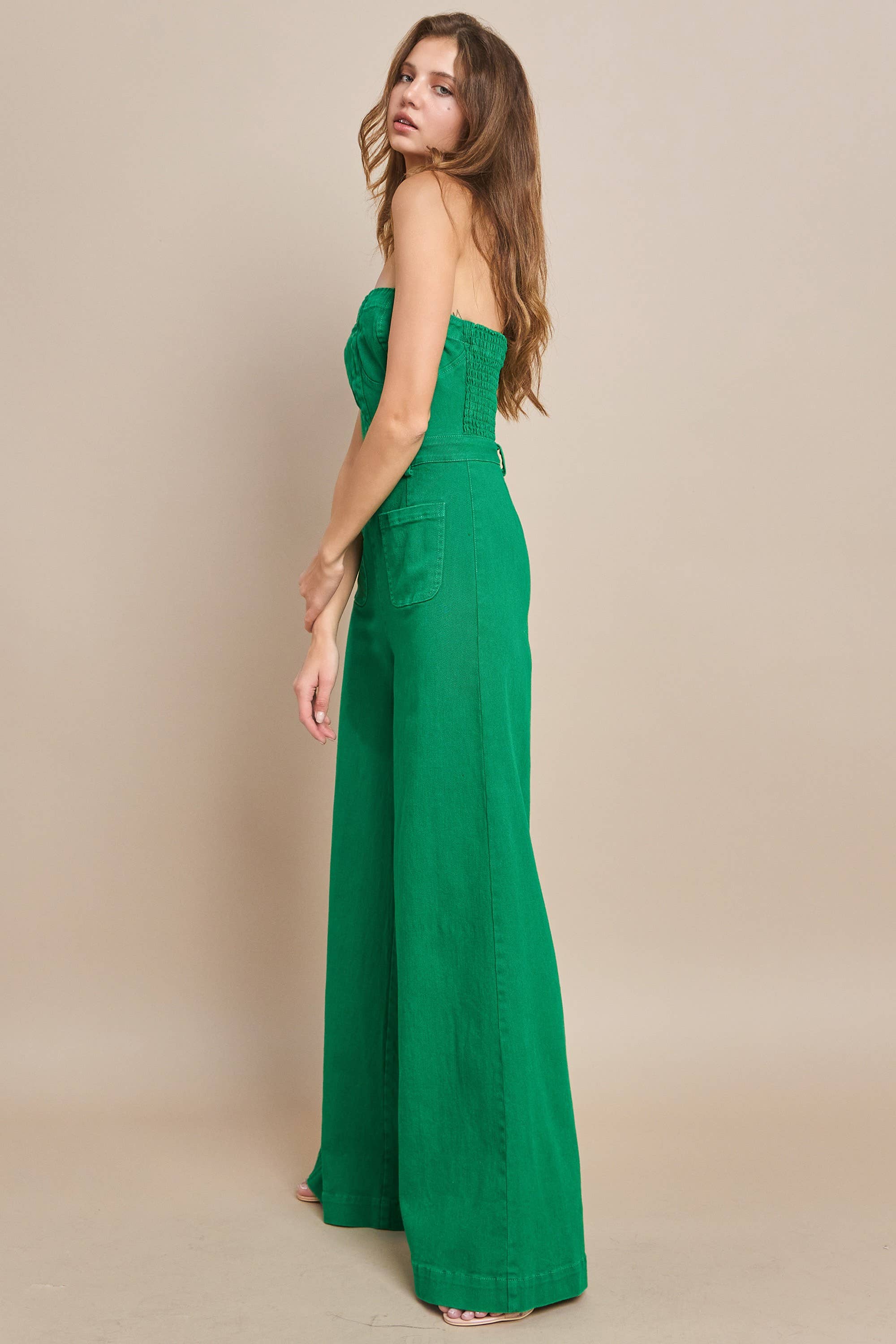 OFF SHOULDER WIDE LEG DENIM JUMPSUIT 4406 KELLY GREEN  for wholesale on Faire5