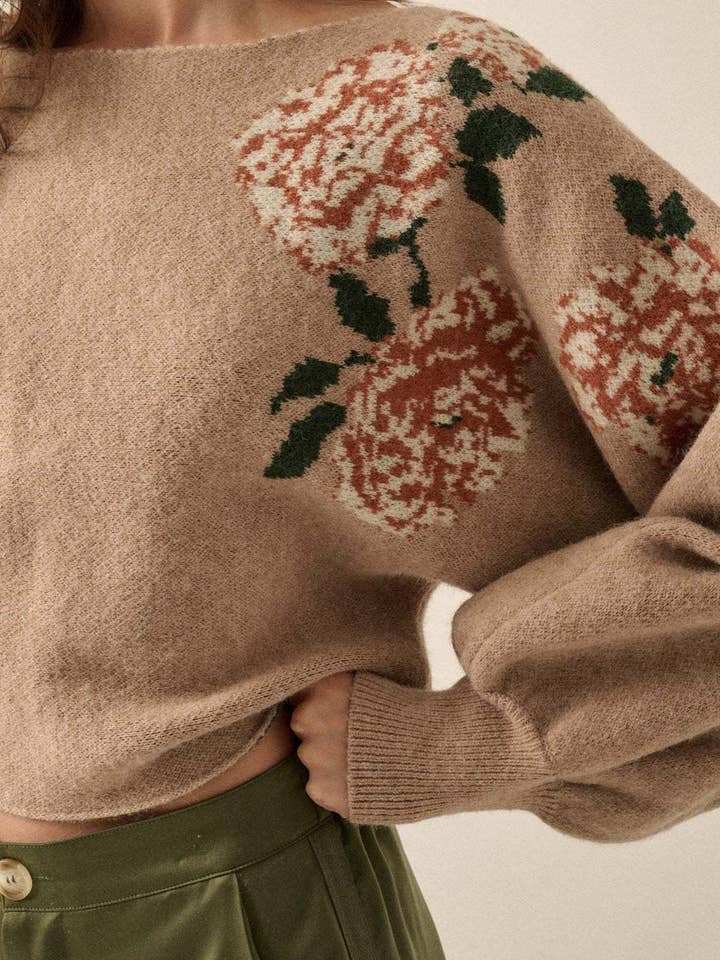 Rosa Clothing - Wholesale Knit Sweater - Women's - Blooms Floral Boat Neck Knit Sweater