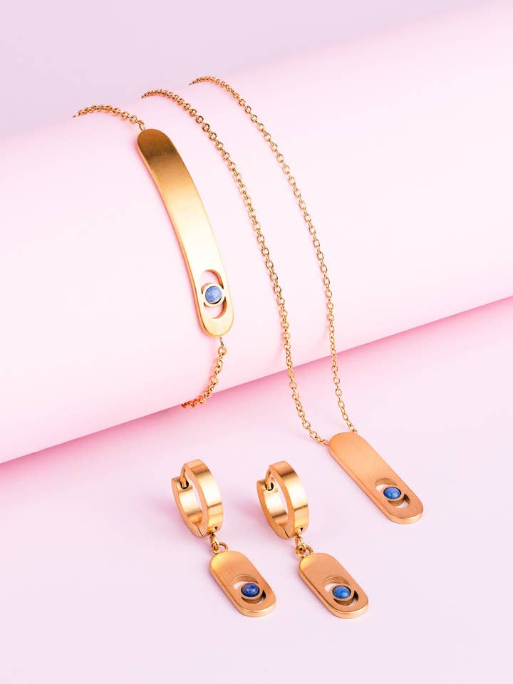Set di 3 gioielli con finitura dorata e pietra di avventurina blu per la vendita all'ingrosso da parte di Didyma