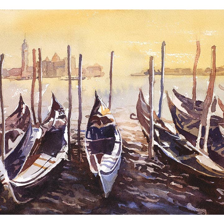 Venedig maleri. Gondolbåde på Piazza San Marco ved solnedgang imiddelalderlige by Venedig- Italien. Venedig fine artakvarel landskab (print) for engroshandel hos Ryan Fox Fine Art