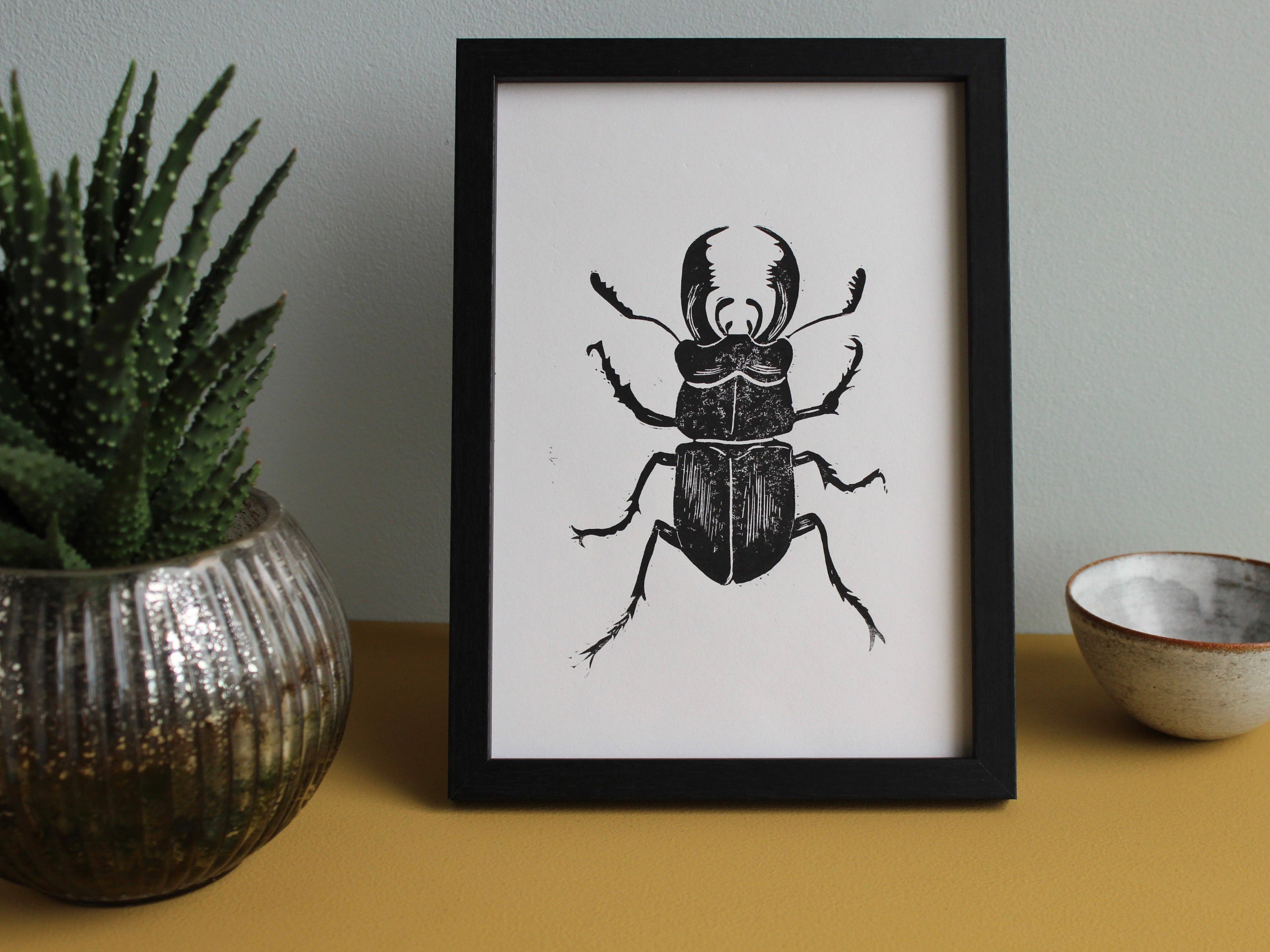 Jackdaw and Bear - Wholesale Art print - Stag Beetle Lino hand printed insect linocut print2