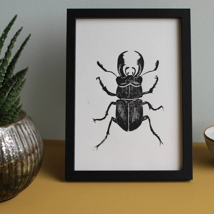 Jackdaw and Bear - Wholesale Art print - Stag Beetle Lino hand printed insect linocut print2