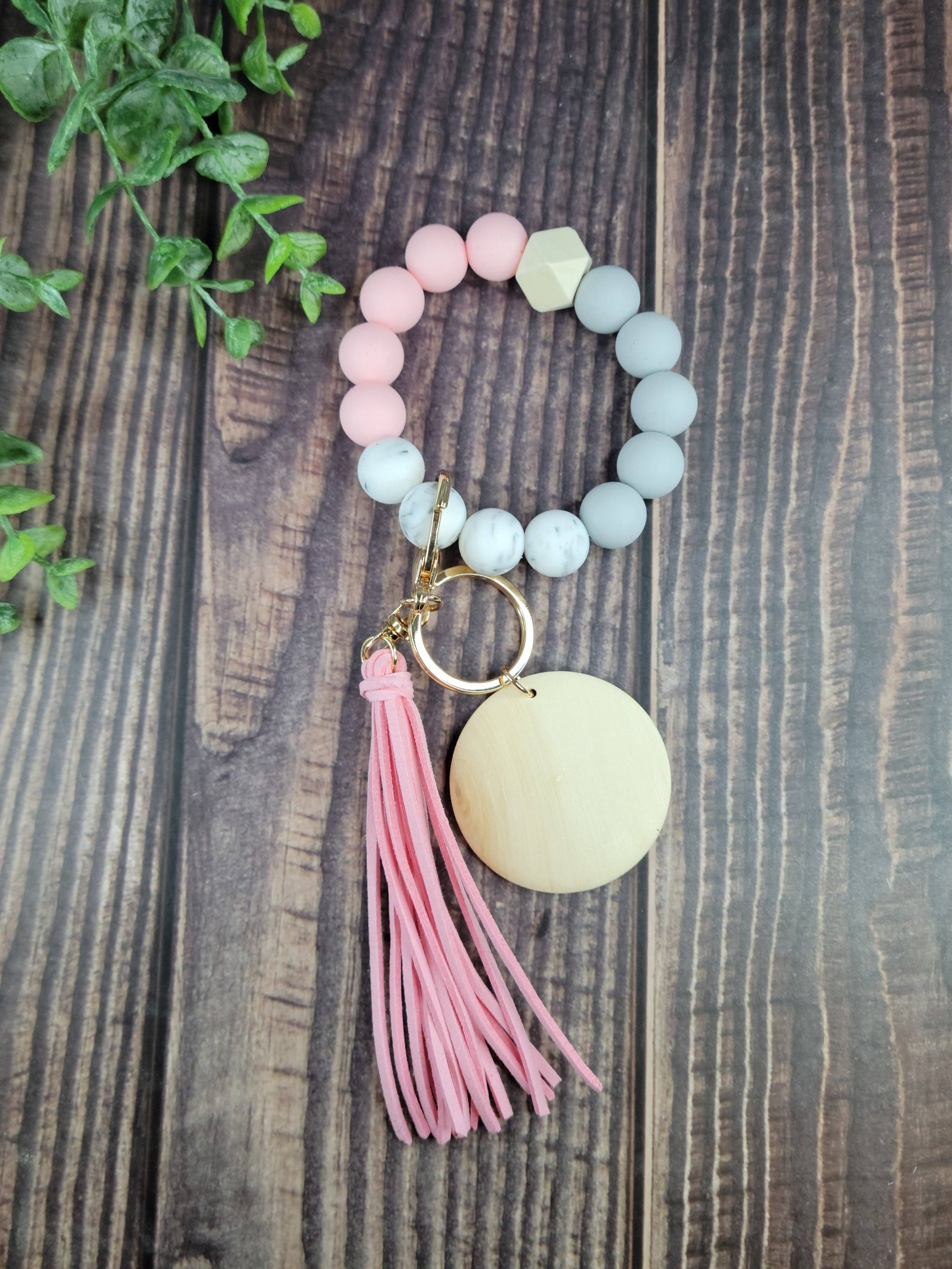 ACC Sublimation Blanks - Vendita all'ingrosso Bracciale portachiavi - Braccialetti portachiavi con perline in silicone con disco in legno chiaro da 2" e10