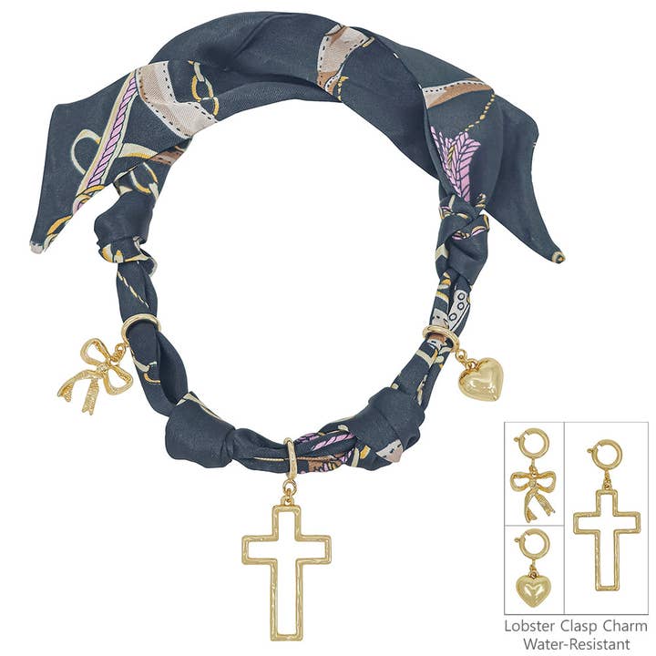 Black Knotted Scarf Necklace with Heart, Cross, and Pearl Charm, VERY POPULAR! for wholesale by What's Hot