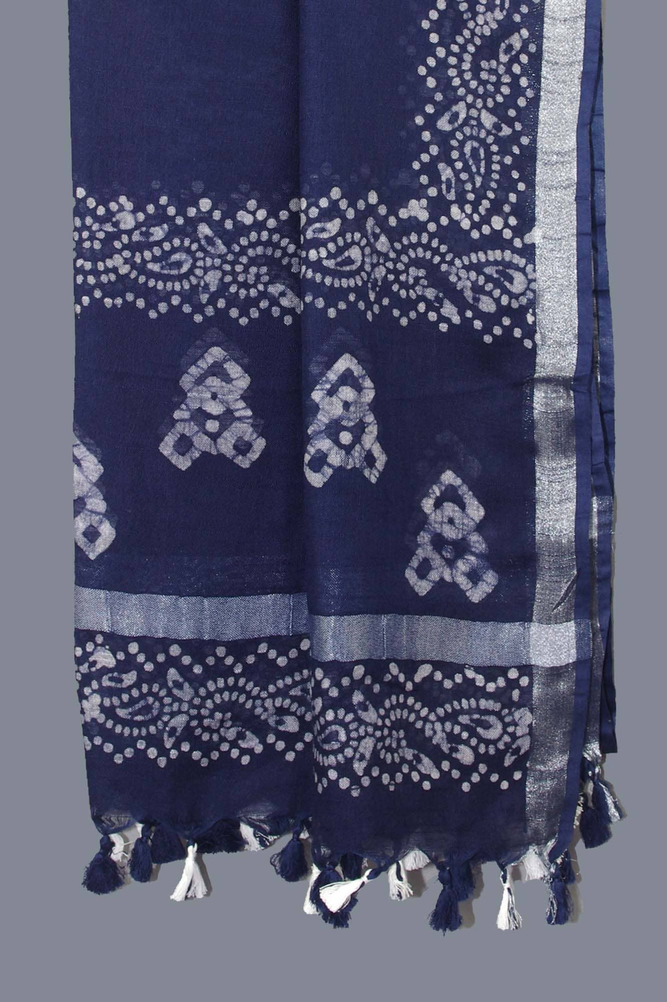 Kantha Decor – wholesale Scarf – Women's – Linen Scarf / Stole with Tussle -Royal Blue Batik Print1