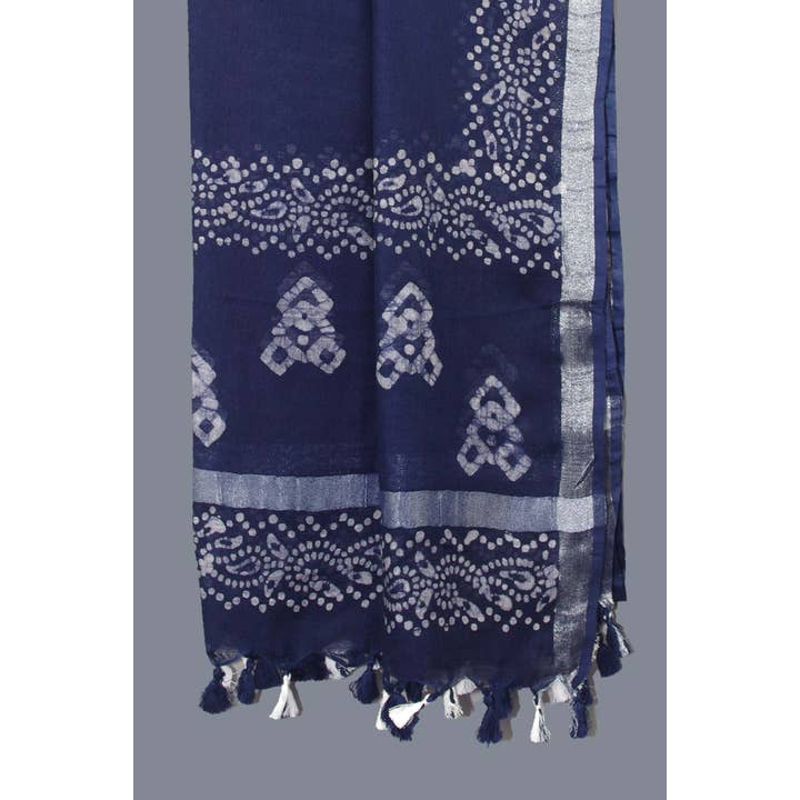 Kantha Decor – wholesale Scarf – Women's – Linen Scarf / Stole with Tussle -Royal Blue Batik Print1