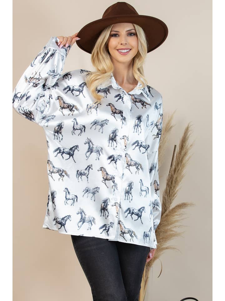 T1361S-4931-Western Horse Graphic Print Satin Button Down To for wholesale on Faire