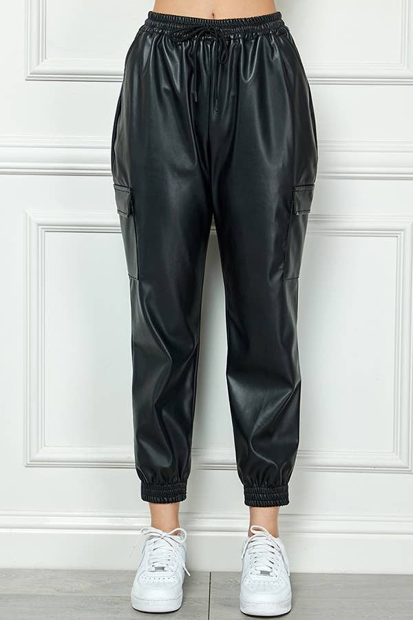 Veracci - Vendita all'ingrosso Pantalone - Donna - Pantaloni jogger cargo a vita alta in ecopelle6