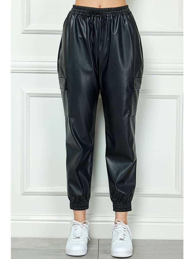 Veracci - Wholesale Pants - Women's - High Waisted Faux Leather Cargo Jogger Pants6