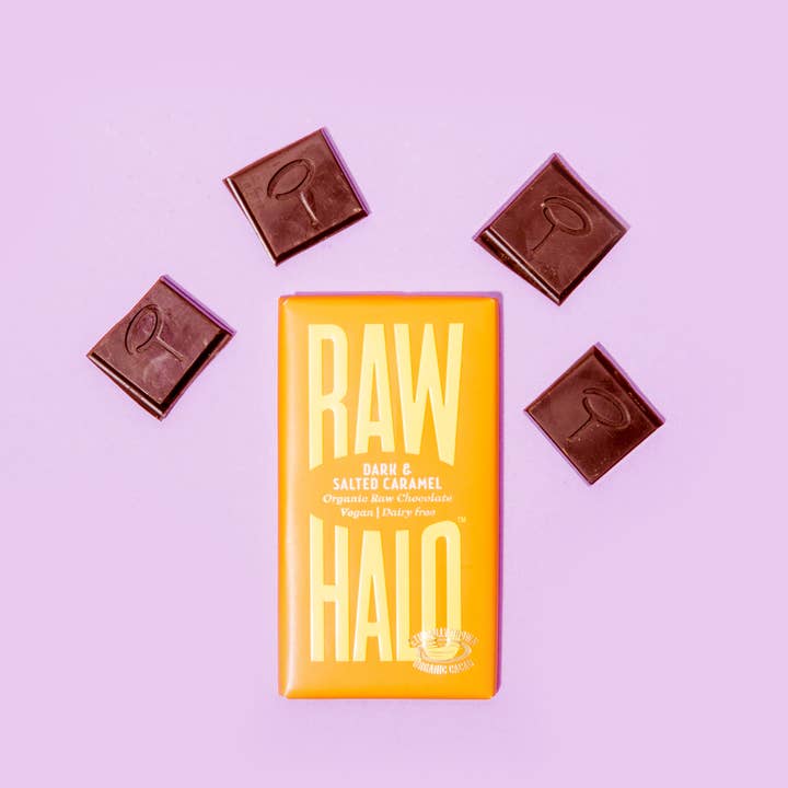 Raw Halo – wholesale Chocolate bar – Dark & Salted Caramel Organic Vegan Chocolate 35g1