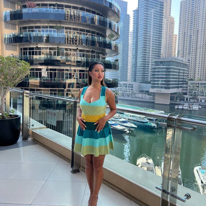 ELJ Ave - Wholesale Dress - Women's - Blue Waterfall Knit Sweater Dress4