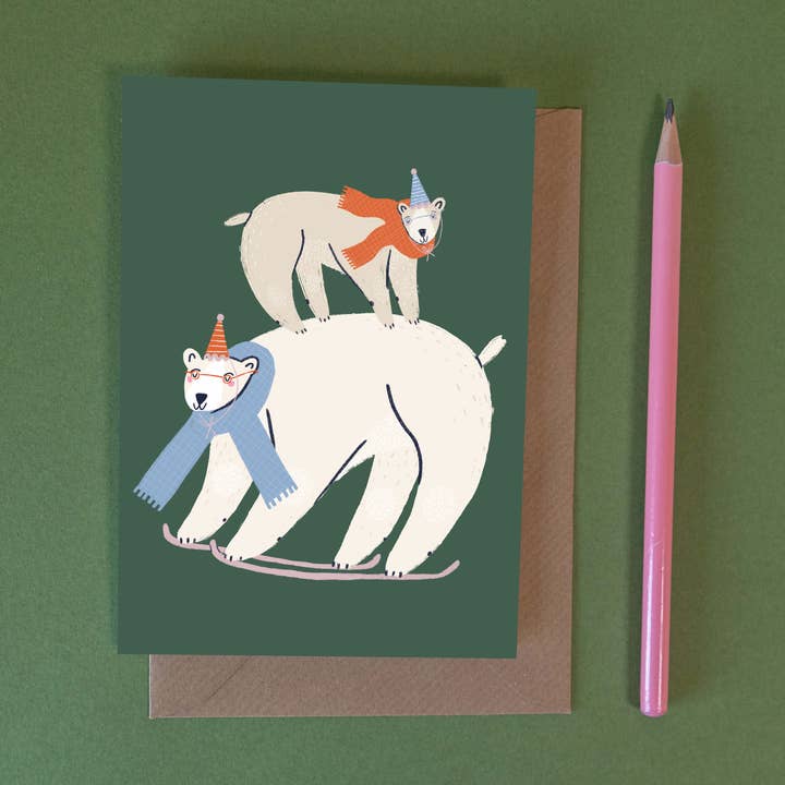 Skiing Polar Bears – Christmas Card for wholesale by Knotty Knotty