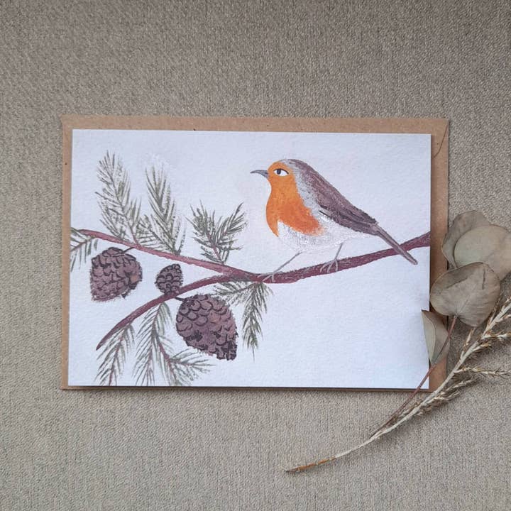 Pine Robin Greetings Card for wholesale by LYDIAMAE