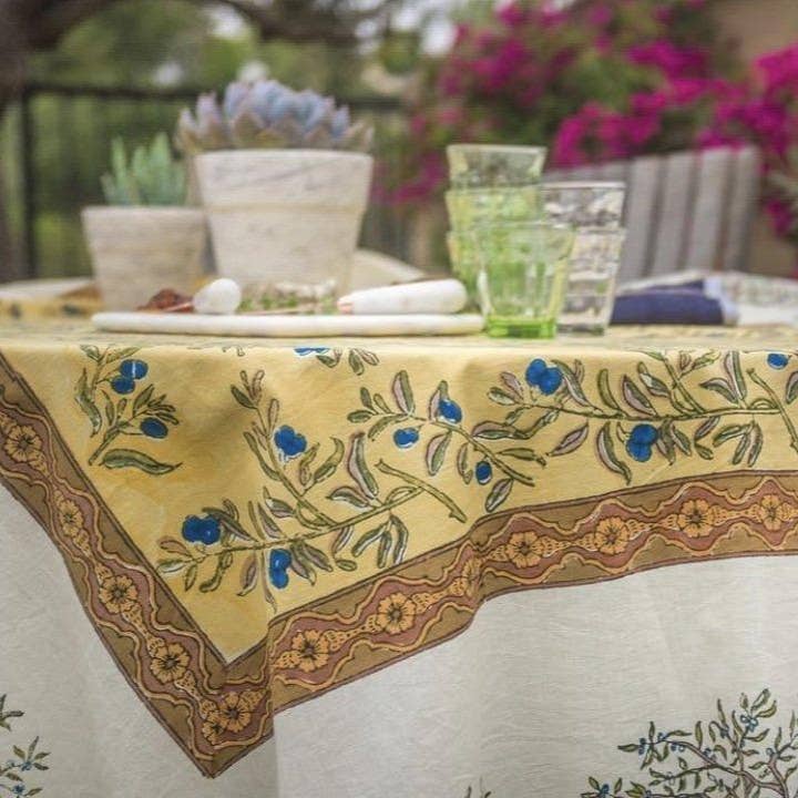 Couleur Nature - Wholesale Tablecloth - Olive Tree Khaki & Blue | French Tablecloths