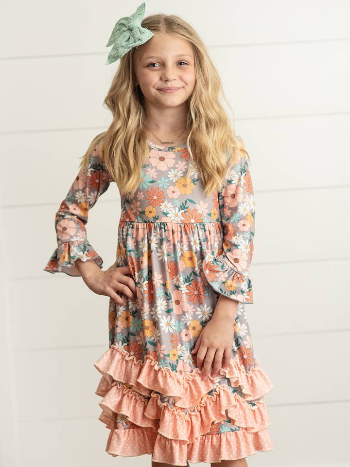 Adorable Sweetness - Wholesale Dress - Kids - Kids Peach Vintage Floral Long Sleeve Fall 3 Ruffle Dress5