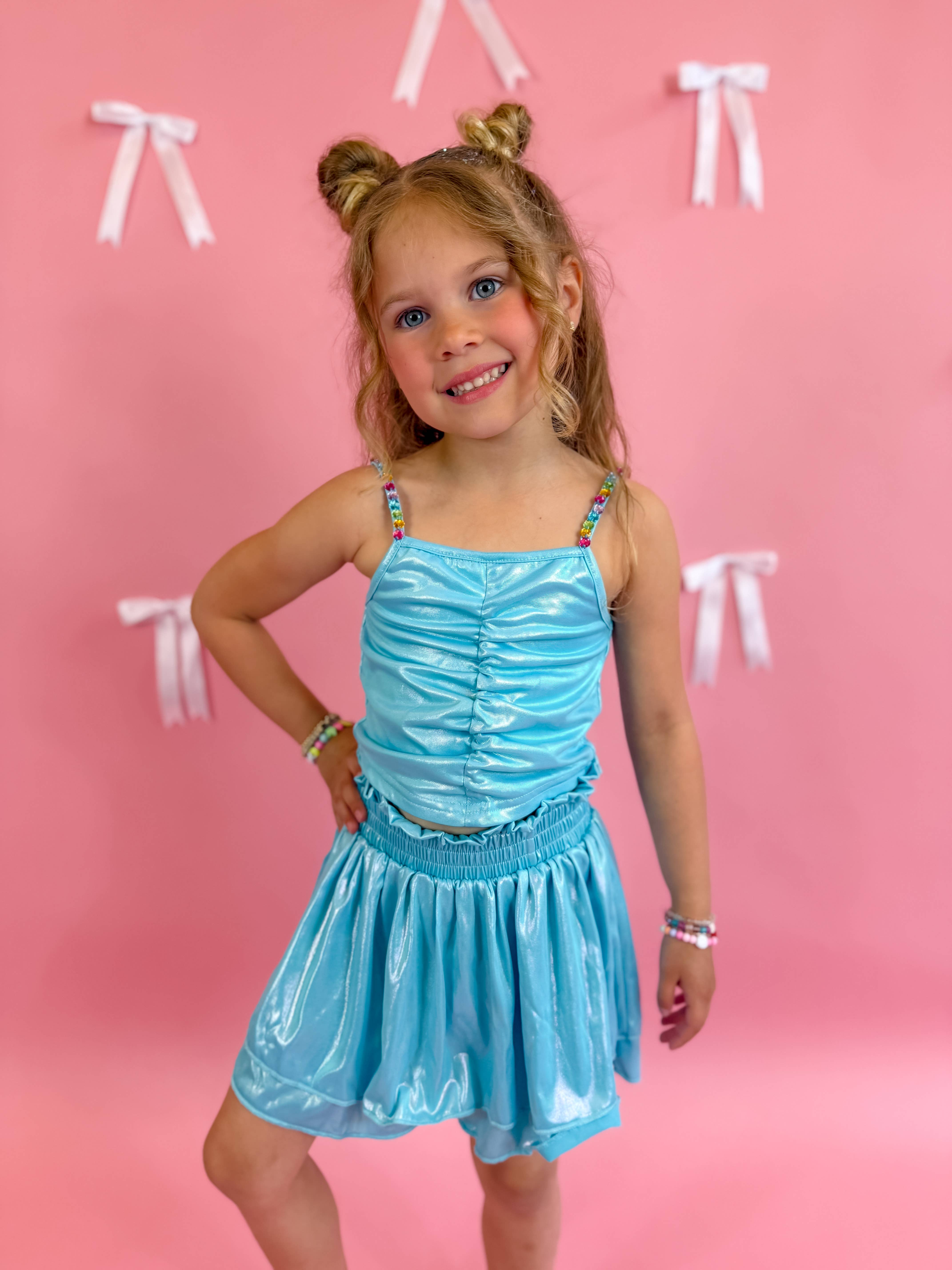 Ellie and Mila - Vente Ensemble haut et jupe – enfant - Ensemble jupe-short bleu métallisé1