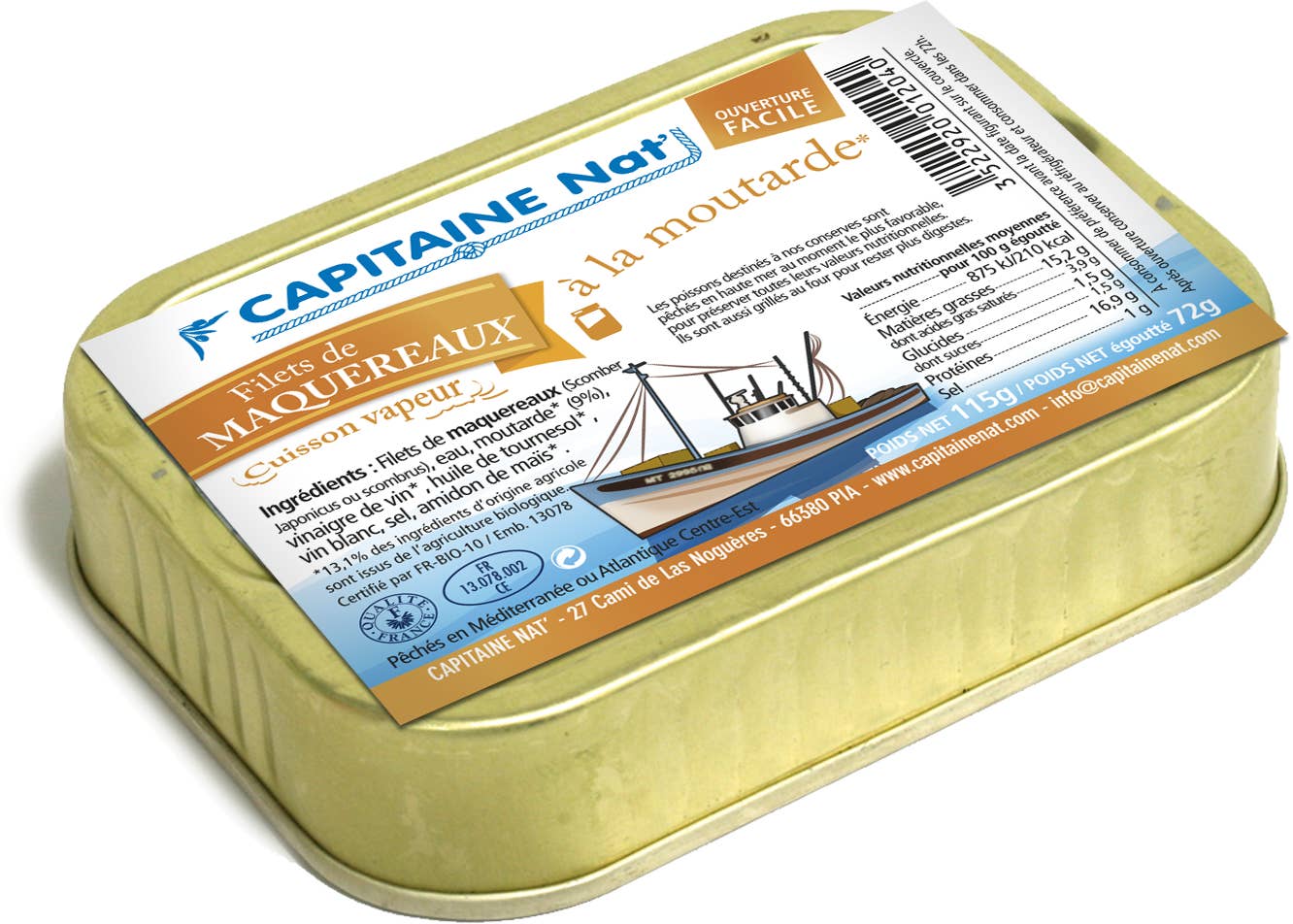 CAPITAINE NAT' - Wholesale Tinned fish - CANNED Mackerel Fillets with Organic Mustard* 115g