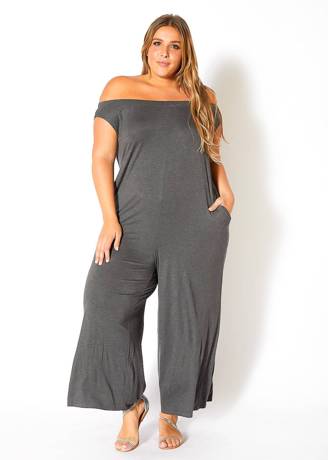 Robin K - Wholesale Jumpsuit - Women's - Bellatrix Plus Size Off Shoulder Wide Leg Jumpsuit0
