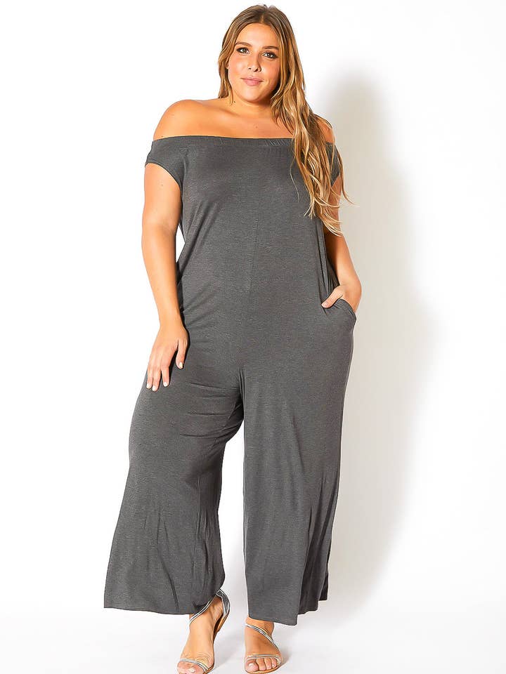 Robin K - Wholesale Jumpsuit - Women's - Bellatrix Plus Size Off Shoulder Wide Leg Jumpsuit