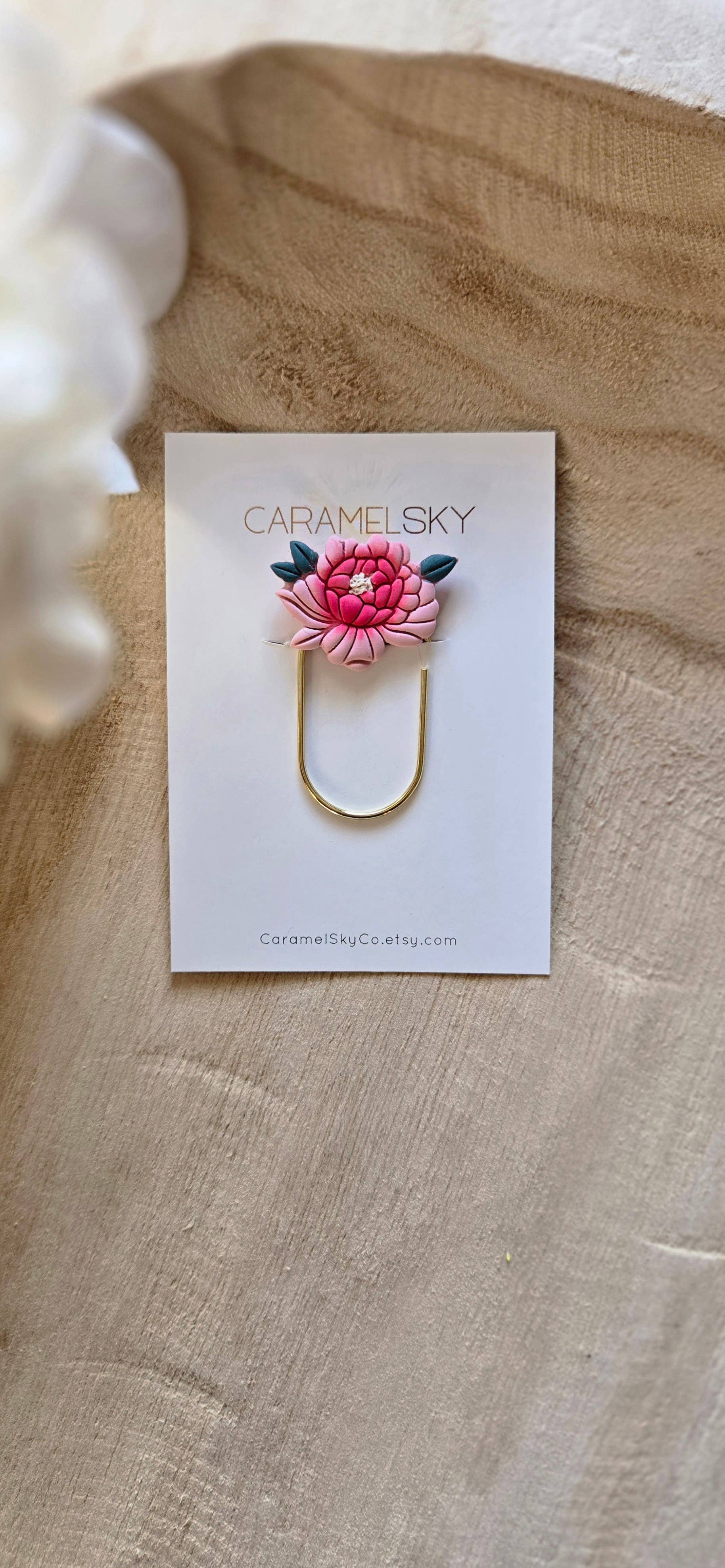 Caramel Sky – wholesale Bookmark – Handmade Peony Flower Paperclip Bookmark, Clay Bookmark6