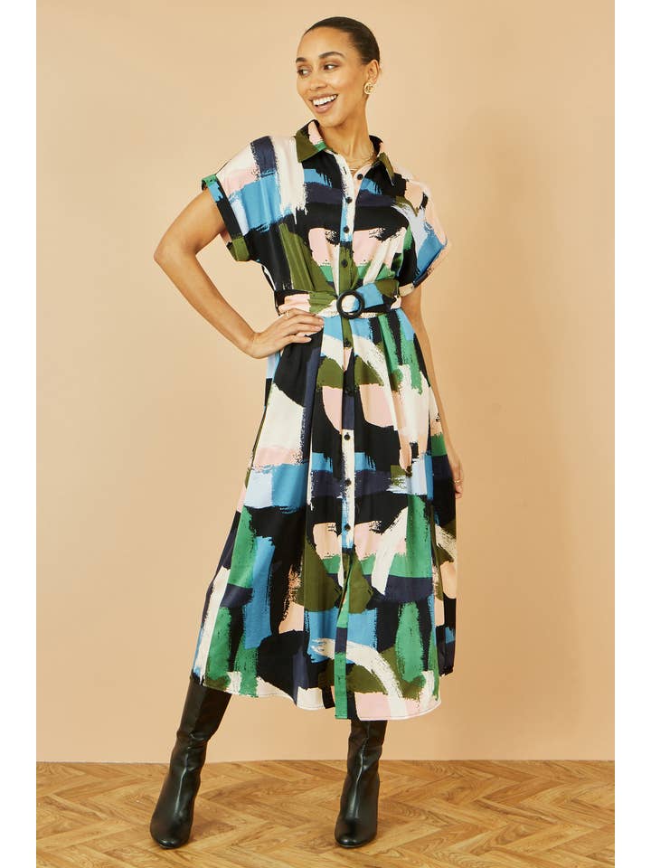 Multi Yumi Blue Brushstroke Print Relaxed Midi shirt Dress for wholesale on Faire2