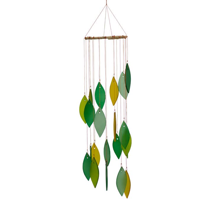 Cohasset Gifts - Wholesale Wind Chime - Green & Amber Spiral Leaf Tumbled Glass Wind Chime