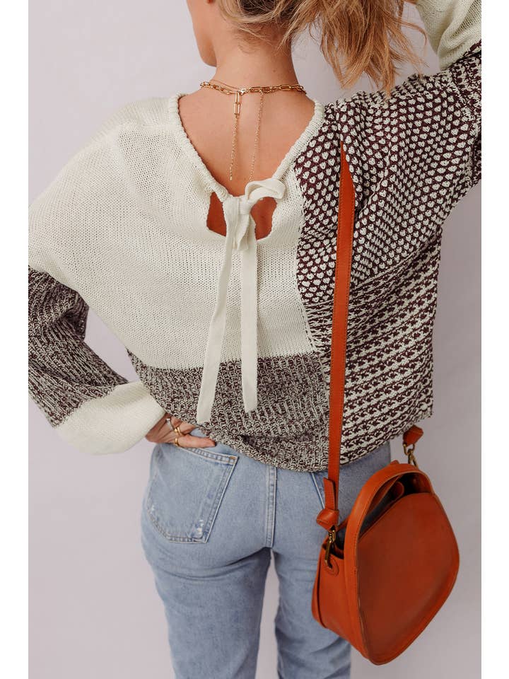 Dark Khaki LDC Color Block Back Tie Drop Shoulder Loose Sweater for wholesale on Faire1