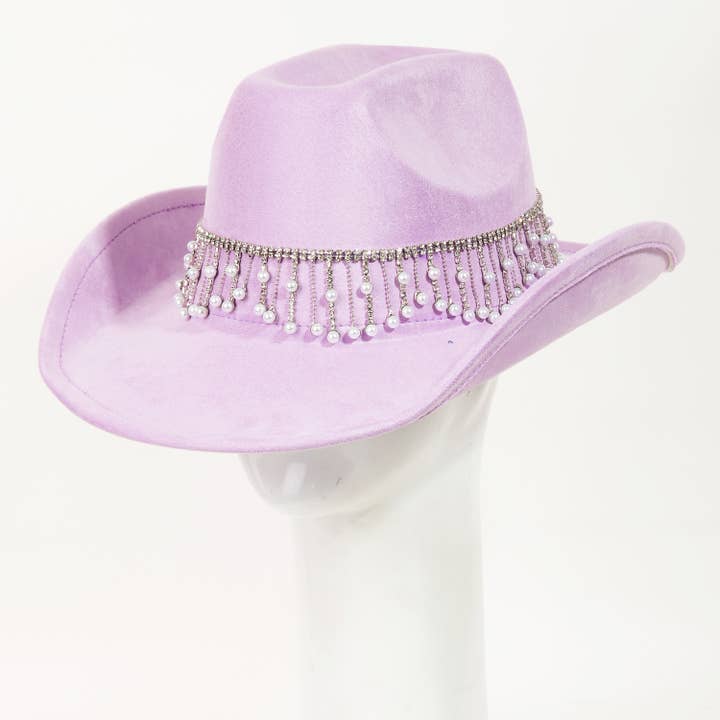 Collections by Fame Accessories - Wholesale Cowboy Hat - Women's - Rhinestone And Pearly Fringe Band Western Cowboy Hat