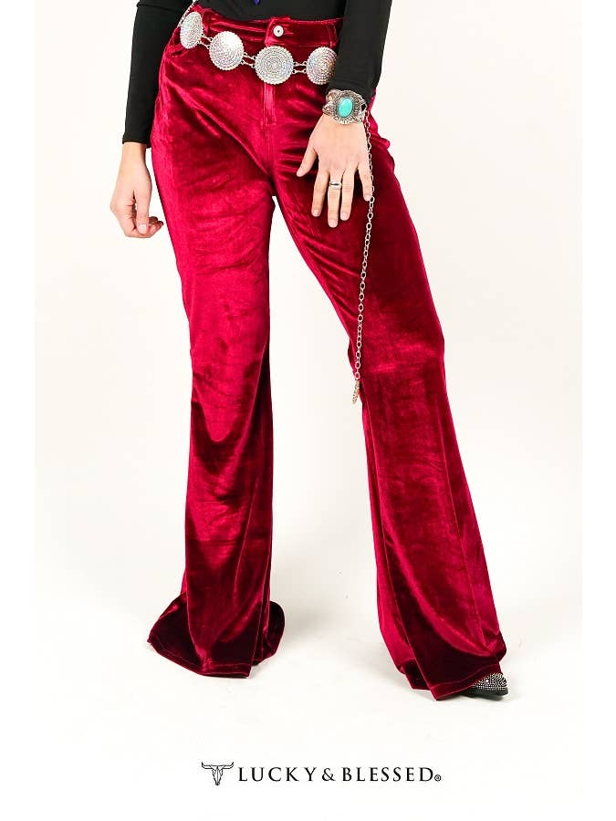 LUCKY & BLESSED - Wholesale Pants - Women's - Plus Size Wine Velvet Flare Pants