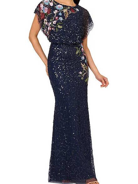 Robe sirène Adrianna Papell à encolure bateau florale perlée, manches courtes dolman transparentes et corsage blouson. pour la vente par Immediate Apparel