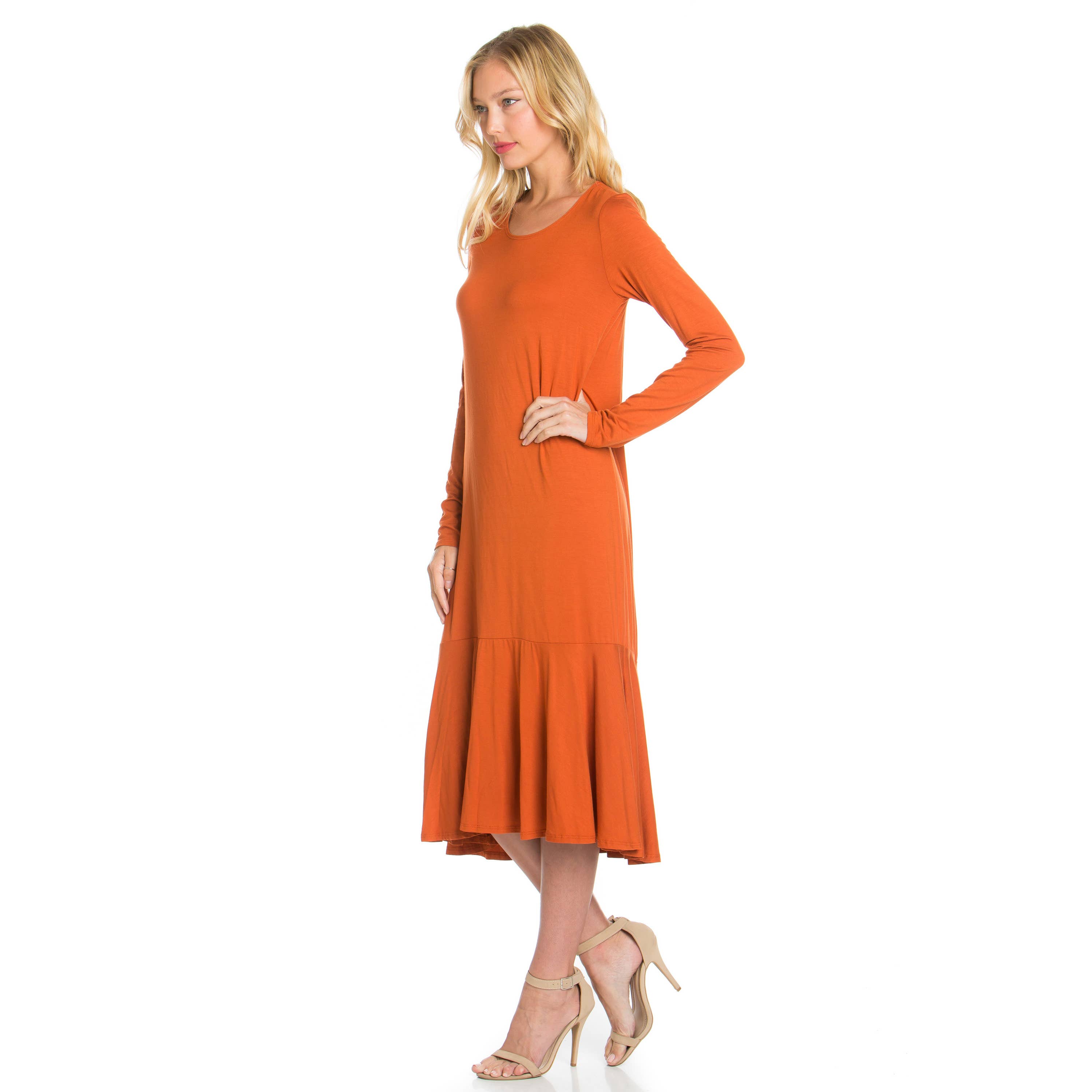 Azules Clothing - Wholesale Dress - Women's - ADM-8258RS Ruffle Hem Long Sleeve Midi Dress22