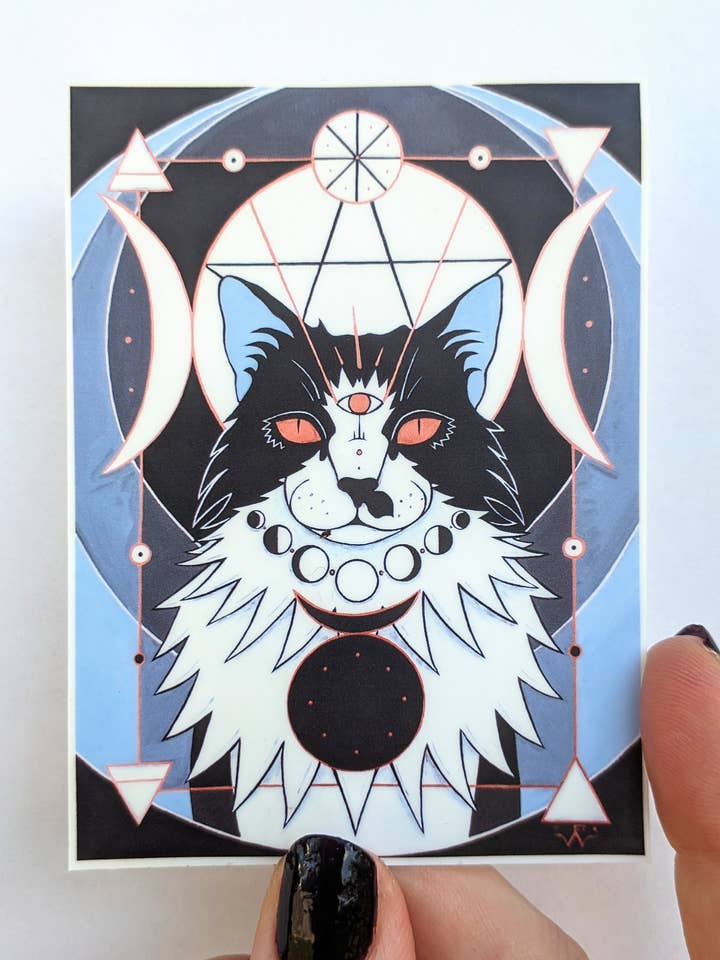 Witch Cat Vinyl Art Sticker with Tuxedo Cat for wholesale by Fendywitch Designs