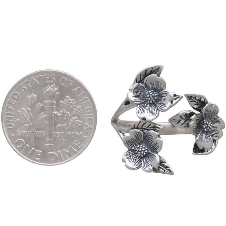Nina Designs - Wholesale Cocktail/Statement Ring - Silver or Bronze Adjustable Dogwood Flower and Leaf Ring