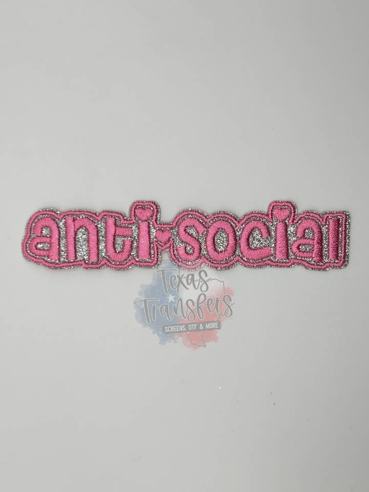 Antisocial Glitter Iron-On PATCH for wholesale by Texas Transfers