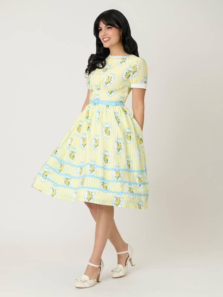 Unique Vintage Yellow Lemon Striped Swing Dress for wholesale by Unique Vintage