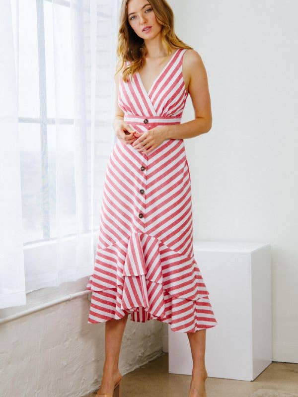 Red PLUS STRIPED BUTTON DOWN MIDI DRESS for wholesale on Faire