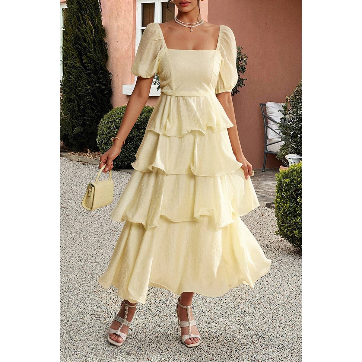 Supreme Fashion - Wholesale Dress - Women's - Off Shoulder Puff Short Sleeves Tiered Dress11