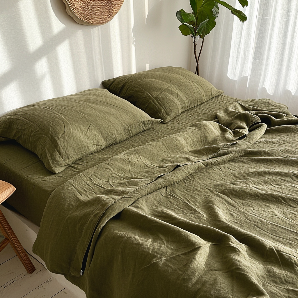 100% French Linen Sheet Set (4 pcs) - Olive Green  for wholesale on Faire1