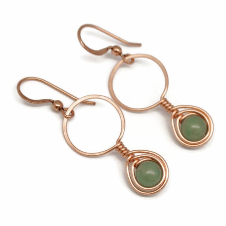 Copper and Green Aventurine Gemstone Wire Wrapped Earrings for wholesale by Pillar of Salt Studio