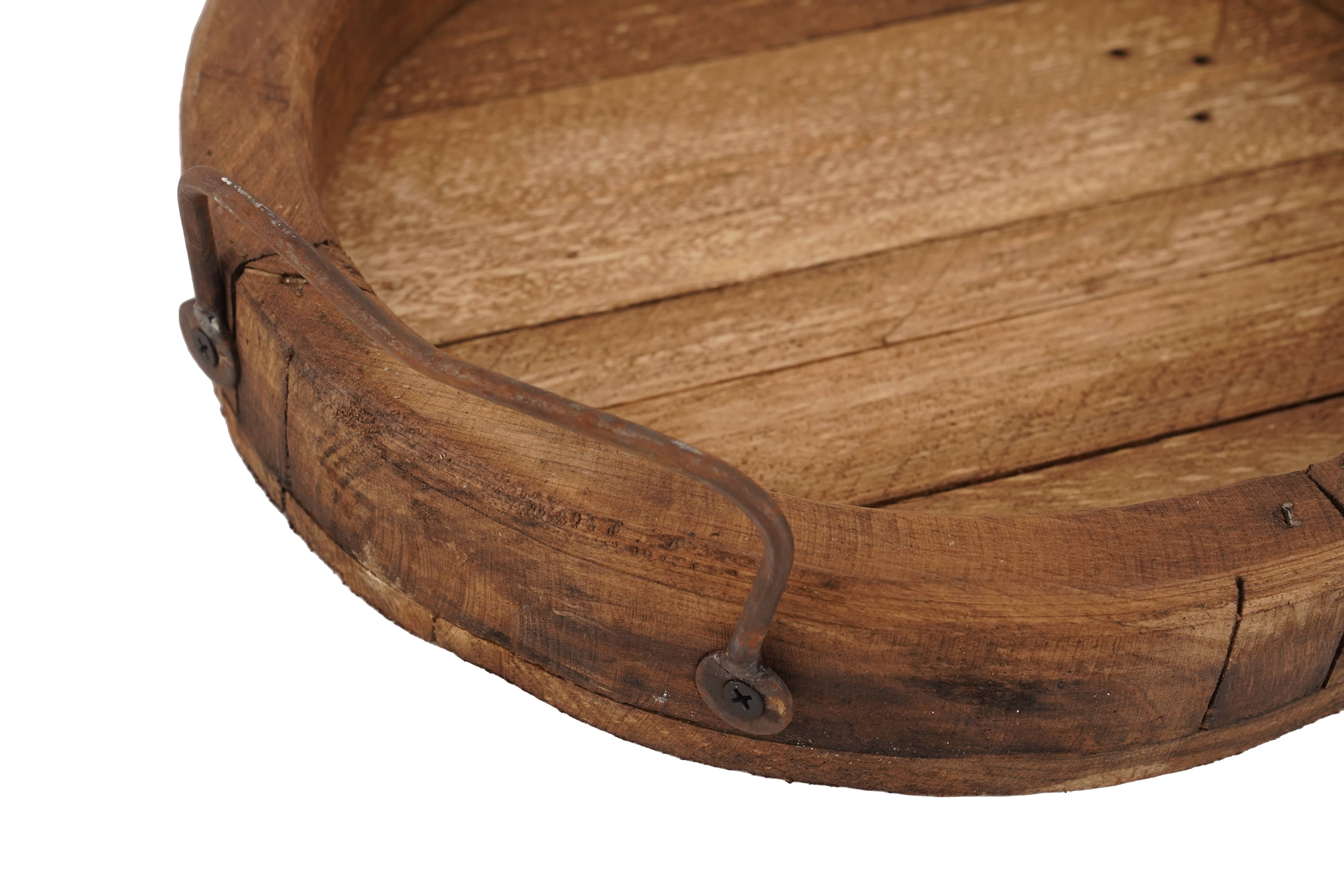 My Amigos Imports - Wholesale Decorative Tray - Round Farmhouse-Reclaimed Wood Tray With Handles-12 in-Waxed3