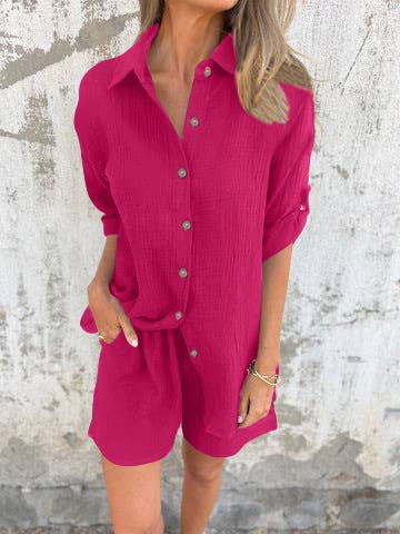 HIDDENBRAND - Wholesale Top & Short Set (NOT Loungewear) - Women's - Chic Effortless Button-Down Shirt & Shorts Set
