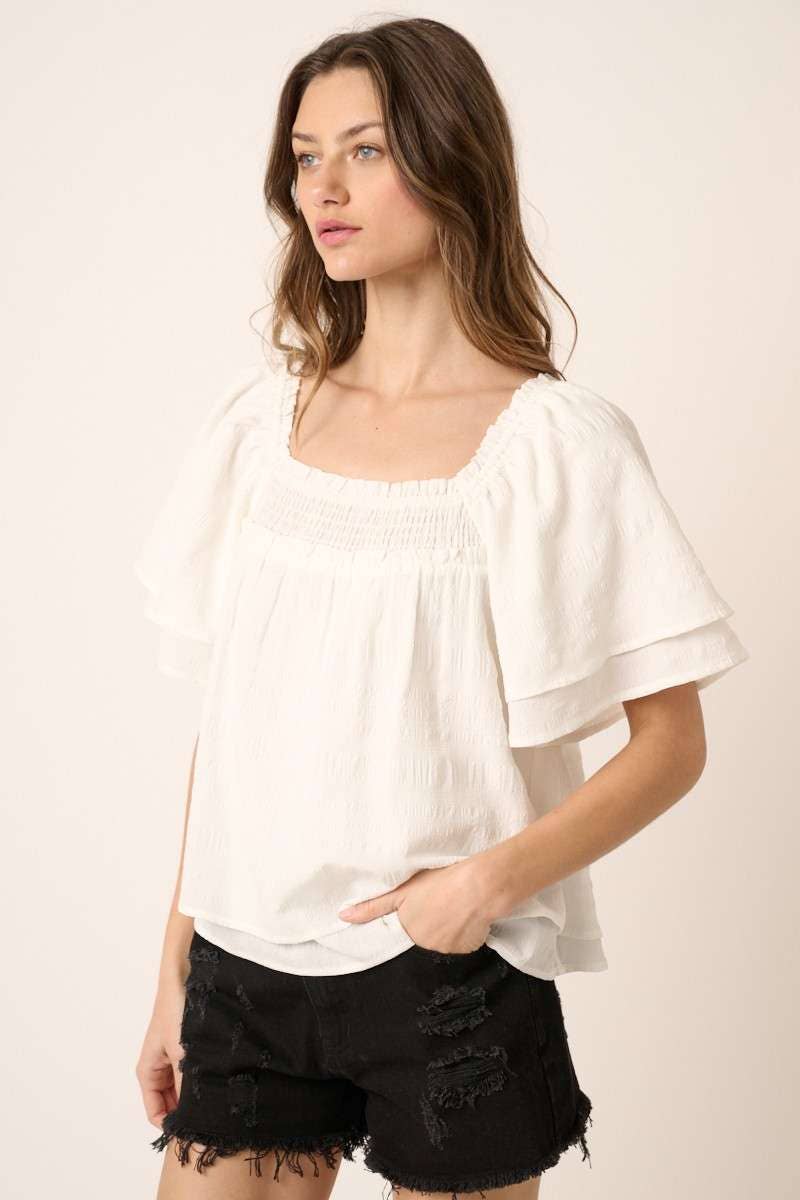 mittoshop - Wholesale Blouse - Women's - H14894-TEXTURE SMOCKED FLUTTER SLEEVE BLOUSE3