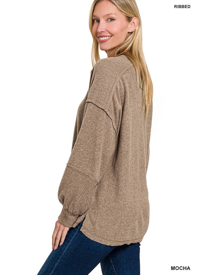 Vanilla Monkey - Wholesale Knit Sweater - Women's - Ribbed Brushed Hacci Melange Henley Sweater11